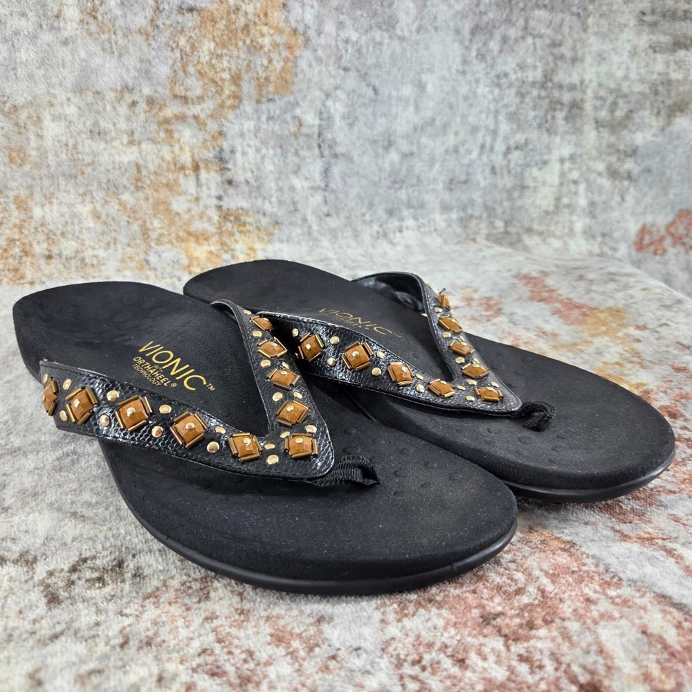 Vionic Floriana Flip Flop Sandals Womens 9 Black Orthaheel Amber Studded Jewel